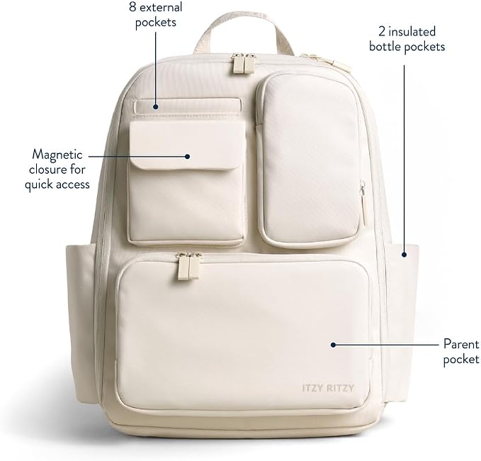 Itzy Ritzy Utility Diaper Bag Backpack, 17 Pockets w/Changing Pad (Cream) | Travel-Ready Diaper Backpack with 2 Insulated Bottle Holders, Laptop Compartment, Trolley Sleeve, Straps, and Changing Pad - Image 3