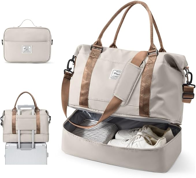 Travel Duffel Weekender Bag Women Tote Carry On Bags With Shoe Compartment | 18x14x8 inches Travel Overnight Bags with Trolley Sleeve for Airplanes Waterproof Sport Tote Gym with Toiletry Bag Beigebrown by VECAVE