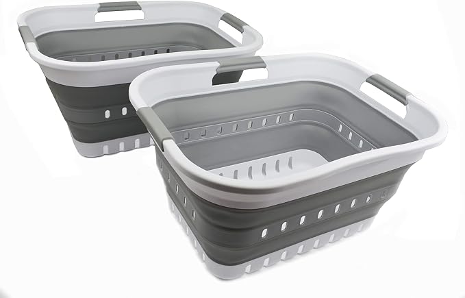 SAMMART Set of 2-30L (8 gallon) Collapsible Plastic Laundry Basket - Foldable Pop Up Storage Container/Organizer - Space Saving Hamper/Basket (2, White/Grey) by SAMMART