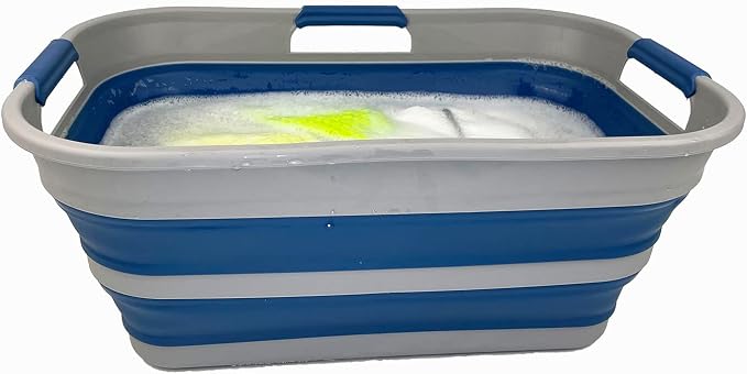 SAMMART 21L (5.5 Galloons) Collapsible Plastic Storge Basket - Foldable Pop Up Storage Container/Organizer - Portable Washing Tub - Space Saving Hamper/Basket (Grey/Mist Blue (Set of 2)) - Image 4