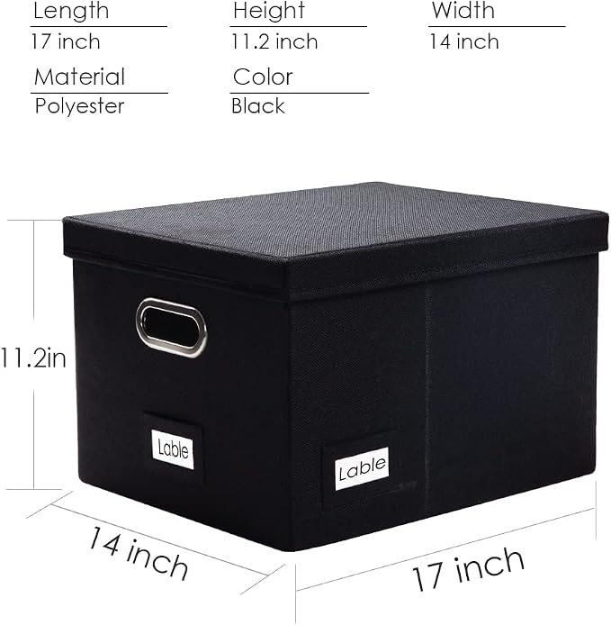 File Organizer Box - Set of 1 Collapsible Decorative Linen Filing Storage Hanging File Folders with Lids Office Cabinet Letter/Legal Size Black (17x14x11.2 inch) - Image 7