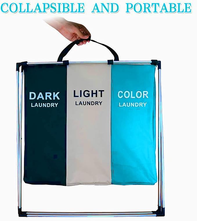 Laundry Cloth Hamper Sorter Basket Bin Foldable 3 Sections with Aluminum Frame 26InIn×24InInH Washing Storage Dirty Clothes Bag (3 Liner, Black + white + sky blue) - Image 3