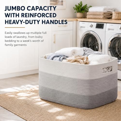 OIAHOMY Large Blanket Basket, 22”x17”x12” Rectangle Woven Baskets, Nursery Blanket Storage Living Room, Toy Storage With Handle, Large Baskets for Organizing-Gradient Grey (Pack of 2) - Image 6