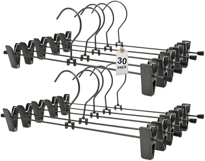 30 Pack Black Grey Metal Wire Pants Trousers Hangers for Pants Skirts Trousers with Clips - 13.8inch Heavy Duty Durable Clothes Hangers Organizer Space Saving 2 Adjustable Non Slip Clips by Koobay
