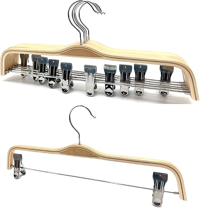 30 Pack 14.5" Natural Wooden Pants Hangers, Clothes Display Wood Skirt Hanger Bottom Hangers Metal Adjustable Clips Hanger for Slacks, Jeans, Shorts by Koobay