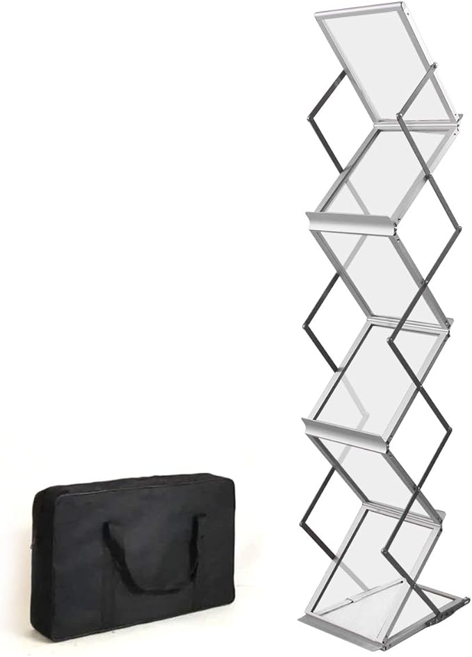 HUAZI Foldable Aluminum Magazine Rack, Portable Pop-up Display Stand, 6 Pockets, A4 Size, for Trade Shows, Office, Retail Store by HUAZI