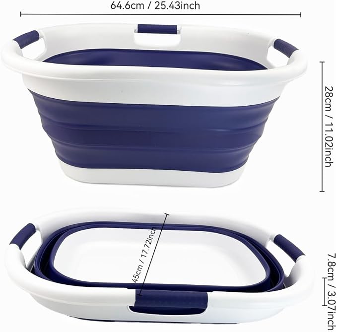 SAMMART Set of 2 Collapsible 3 handled Plastic Laundry Basket-Oval Tub/Basket-Foldable Storage Container/Organizer-Portable Washing Tub-Space Saving Laundry Hamper (40L Oval-White/Navy Blue) - Image 8