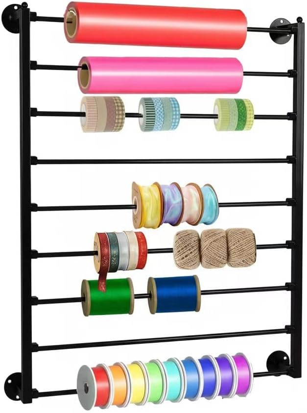9 Tier Wall Mount Ribbon Organizer, Craft Room Storage Rack | Wrapping Paper Storage for Sewing Craft Mesh Thread Tape Wreath Crochet Craft Room Flower Shop(Black) by Unknown