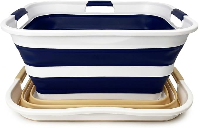 SAMMART 42 (11 Gallons) Collapsible Plastic Laundry Basket, Foldable Pop Up Storage Container/Organizer, Space Saving Hamper, Portable Bin for Dorm Room Bathroom (2, Starry Blue+Beige) - Image 3