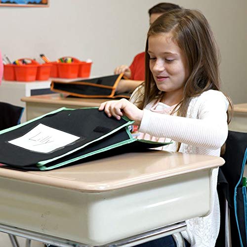 Really Good Stuff Store More Large Book Pouches – Send Home Books and Homework in Durable Fabric Book Bag – Stitched-On Handle, Clear Name Tag Pocket, Black with Neon Color Trims, 12”x1”x15” (4) | Ages 4+, PreK+, Stitched-on Handle, Clear Name Tag Pock... - Image 3