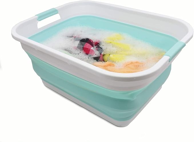SAMMART 41L (10.8 gallon) Collapsible Plastic Laundry Basket-Foldable Pop Up Storage Container/Organizer-Portable Washing Tub, Water capacity: 32L (8.4 gallon) (Rectangular, White/Lake Green) - Image 5