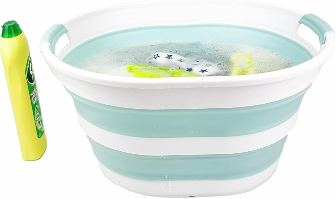 SAMMART 23L (6 Gallons) Collapsible Plastic Laundry Basket - Oval Tub/Basket - Foldable Storage Container/Organizer - Portable Washing Tub (White/Lake Green (Set of 2)) - Image 5