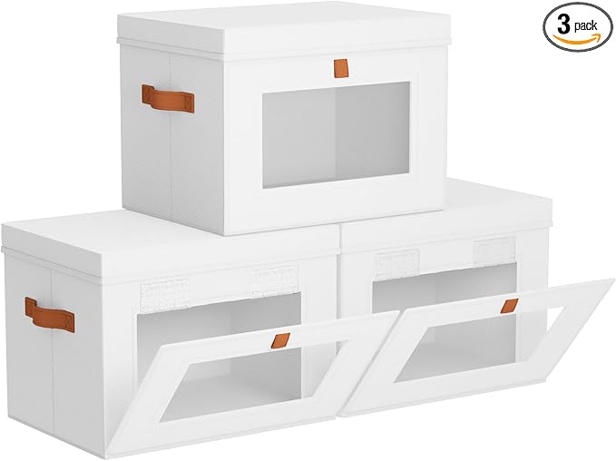 Storage Bins with Lids - Front Opening Storage Box with Clear Window & Handles, Stackable Foldable Fabric Bins for Closet Organization, Clothes, Sweaters, Towels, Blankets, 3 Pack, White by Homsorout