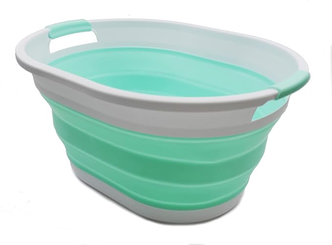 SAMMART 32L (8.4 gallon) Collapsible Plastic Laundry Basket - Foldable Pop Up Storage Container/Organizer - Portable Washing Tub, Water Capacity: 24L (1, White/Light Green) - Image 2
