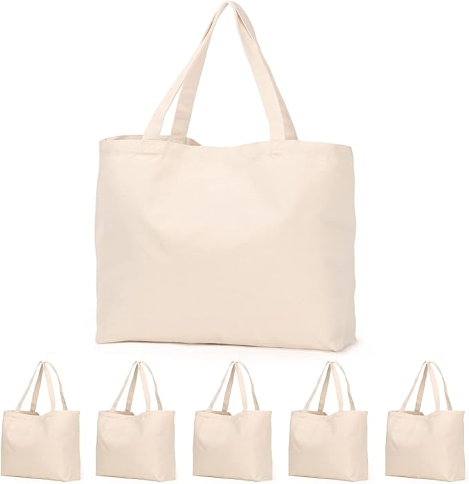 Koolmox Canvas Grocery Bag, 6-Pack 22'' Large Bags with Reinforced Handles, 12 Oz Heavy Duty Reusable Washable Grocery Shopping Bags Plain Totes for Teacher Paint Embroidery Draw DIY Art Craft Totes by Koolmox
