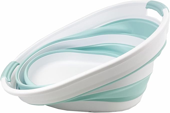 SAMMART 23L (6 Gallons) Collapsible Plastic Laundry Basket - Oval Tub/Basket - Foldable Storage Container/Organizer - Portable Washing Tub (White/Lake Green (Set of 2)) - Image 7