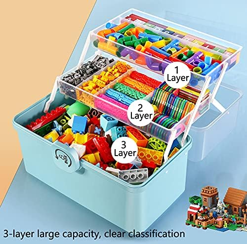 Sooyee Craft Organizers and Storage,Plastic Box with 3-Tier Fold Tray and Handle,Portable Lockable Container for Arts, Crafts,Cosmetic, Sewing, Toy, Washi Tape, Lego,13.4x7.5x8.9 in,Clear/Blue - Image 3