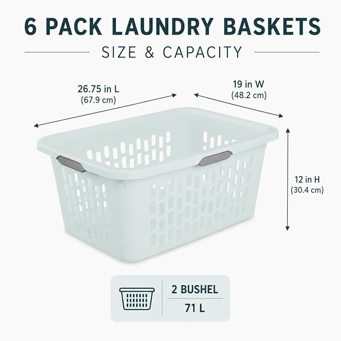 Laundry Basket 2 Bushel Plastic with 4 Handles 6 Pack Mint for Home | 6-Pack 2 Bushel Laundry Baskets with 4 Comfort-Grip Handles – Carries easily from any side. Rectangular ventilation holes. - Image 3