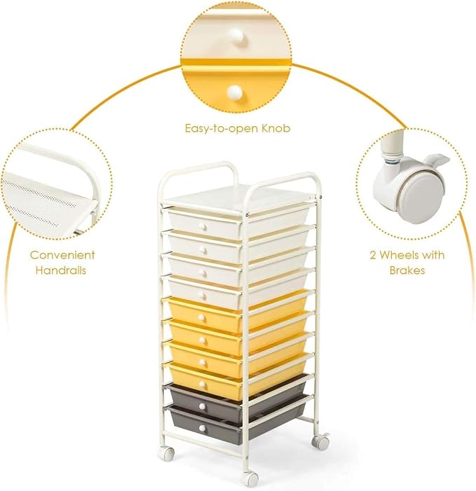 GOFLAME 10-Drawer Rolling Storage Drawer Cart, Utility Cart with Removable Drawers & Metal Frame, Mobile Art Craft Drawer Cart with Lockable Wheels for Home, Office, Studio, School, Yellow - Image 6