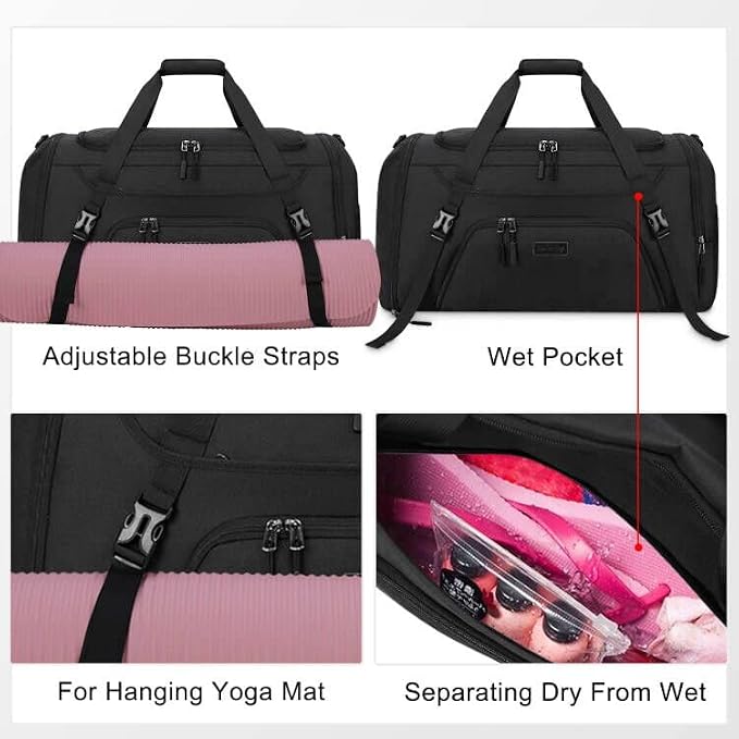 Gym Duffle Bag for Women Men 55L Waterproof Sports Bags Travel Duffel Bags with Shoe Compartment,Wet Pocket Large Weekender Overnight Bag with Toiletry Bag,Black - Image 4
