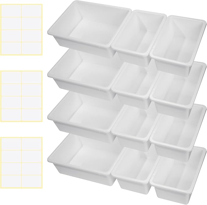 Zonon 12 Pcs Plastic Cubby Bins Office Storage Container Storage Bins Plastic Organization with 1 Pack Self Adhesive Label for Library Office Home Nursery(White) - Image 2