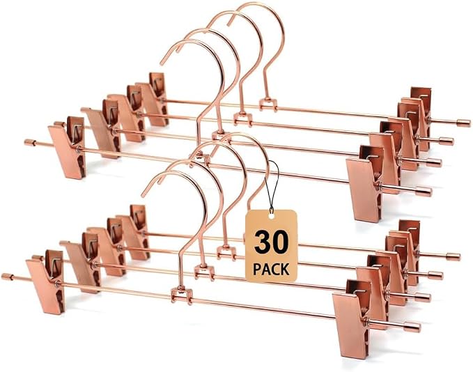Rose Gold Metal Wire Clips Pants Bottom Clothes Hangers, 30 Pack Heavy Duty Trousers with Adjustable Clips,13.8" Space Saving for Legging Garment Jeans by Koobay