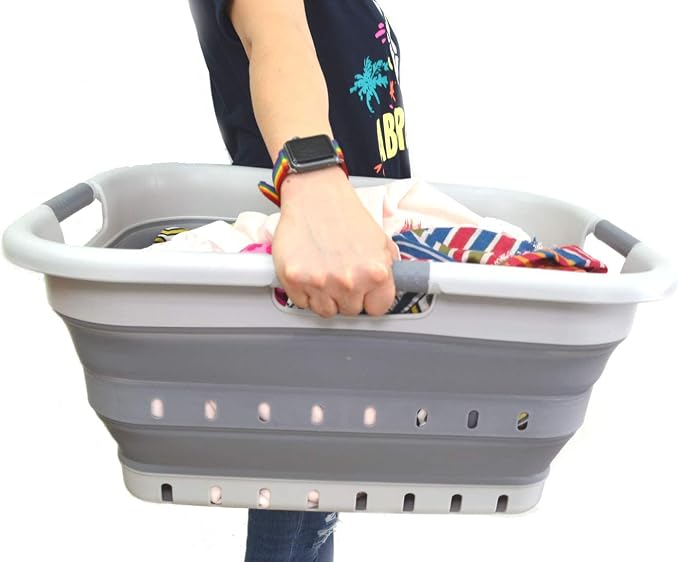 SAMMART 41L (10.8 gallon) Set of 2 Collapsible 3 Handled Plastic Laundry Basket-Foldable Pop Up Storage Container/Organizer-Space Saving Hamper/Basket (2, Grey/Dark Grey) - Image 6