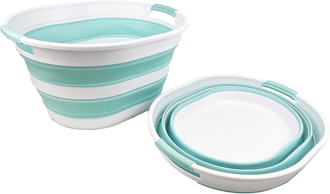 SAMMART 23L (6 Gallons) Collapsible Plastic Laundry Basket - Oval Tub/Basket - Foldable Storage Container/Organizer - Portable Washing Tub (White/Lake Green (Set of 2)) - Image 8