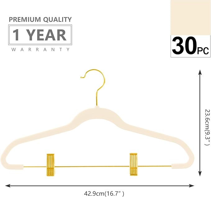 MIZGI Premium Velvet Pants Hangers with Adjustable Clips (Pack of 30) Slim Skirt Hangers- Non Slip Felt Outfit Dress Hangers Ivory - Gold Hooks,Space Saving Shirt Clothes Hangers - Image 2