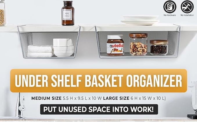 YBM Home Under Shelf Basket (2-Pack) Mesh Stainless Steel Storage Under Cabinet Hanging Basket Rack Maximize Space in Cabinets, Pantry Room, Bathroom, Laundry Room, and More, 1131 - Image 3