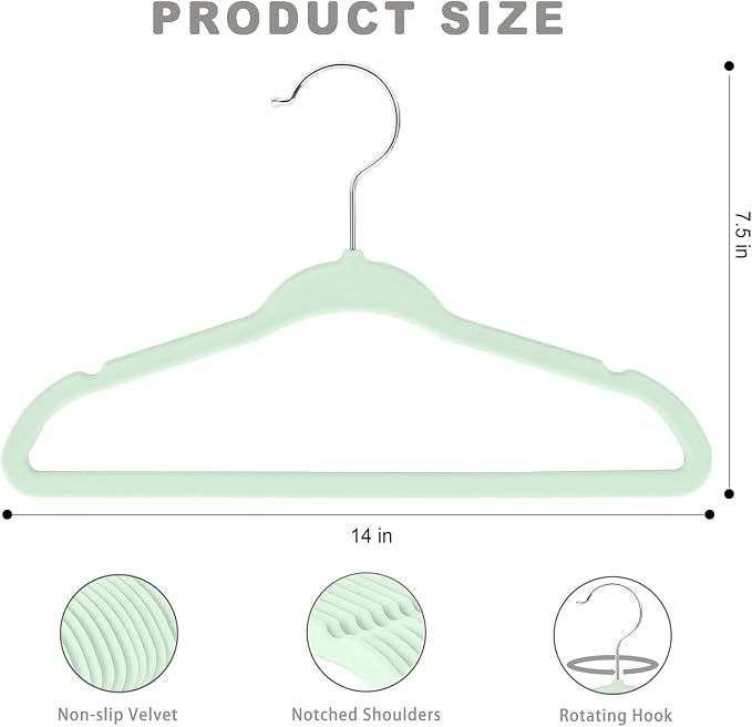 BAGAIL 50 Pack Kids Velvet Hangers 14 Inches Children's Clothes Hangers Non-Slip Baby Hangers for Infant/Toddler (Lime Cream) - Image 2