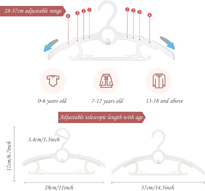 Baby Closet Hangers,20Pack Space Saving Kids Hangers White, | Non-Slip and Extendable Baby Nursery Closet Hangers,11-14" Adjustable Plastic Infant Hangers for Girl Boy Toddler Kids Child. - Image 2