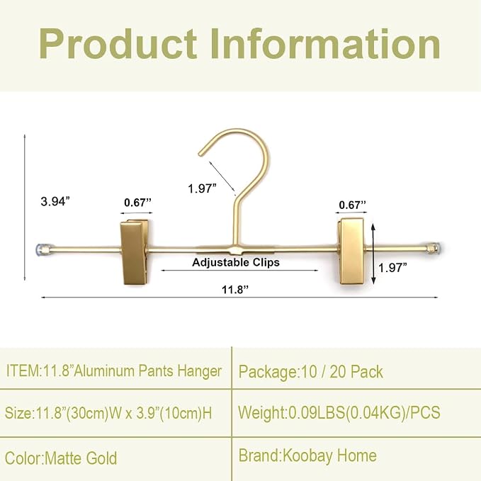 Pants Hangers Gold Aluminum Skirt Hanger 2-Adjustable Clips Heavy Duty Clothes Hangers Space Saving Durable Hanger 11.8" Closet Organizer for Pant,Pack of 10 - Image 2