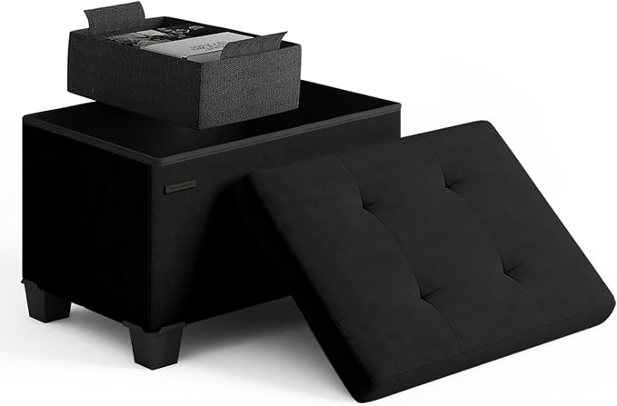 Storage Ottoman Cube with Small Bin, 16-in Square Ottoman with Storage for Living Room and Bedroom, Small Ottomans Foot Rest, Velvet Foot Stools Ottomans Max 330lbs, Black by STORAGEBUD