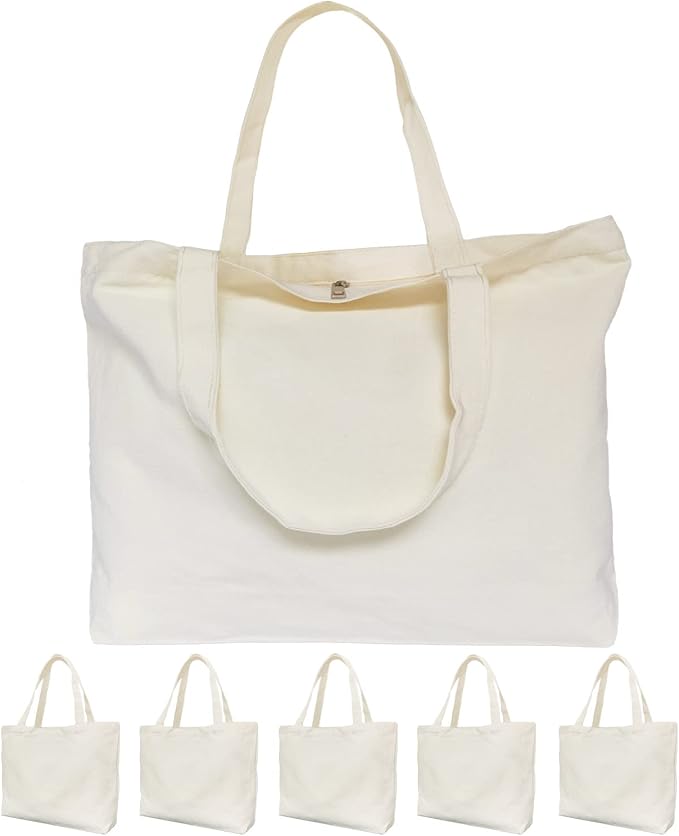 Koolmox Canvas Tote Bags with Zipper, 6-Pack 17x14'' Cotton Tote Bag with Flat Bottom, Reusable Washable Grocery Shopping Bags Plain Totes for Women DIY Art Crafts Painting Embroidery Decoration by Koolmox