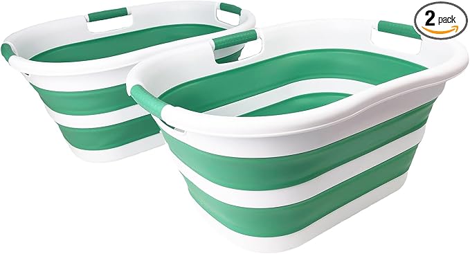SAMMART 40L (10.5 gallon) Set of 2 Collapsible Plastic Laundry Hamper - Foldable Pop Up Storage Container/Organizer - Portable Washing Tub - Space Saving Basket (2, White/Winter Green) by SAMMART
