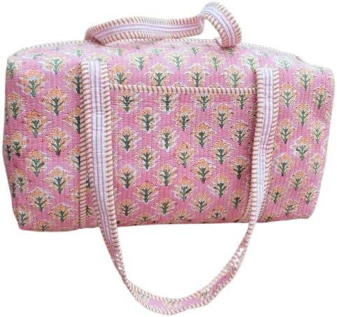 Cotton Floral Printed Quilted Duffle Bag Large | Hand Block Print, Weekender Bag, Shoulder Travel Overnight Bag, 20x10x10 Inches by Unknown