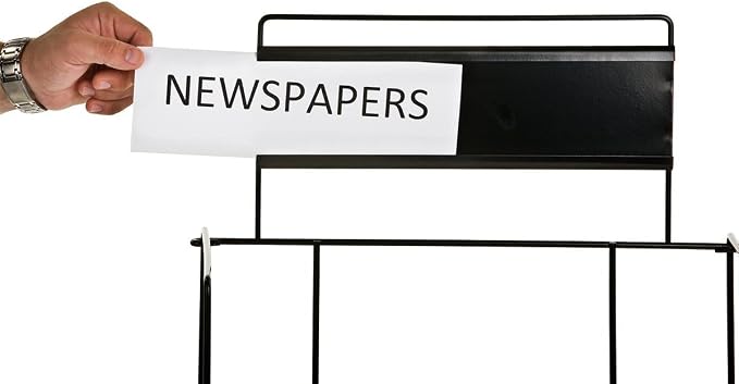 Displays2go Wire Newspaper Stand, Black, 4 Shelves | Free-Standing, Adjustable-Height Pockets, with Nameplate, NRWREGONE - Image 3