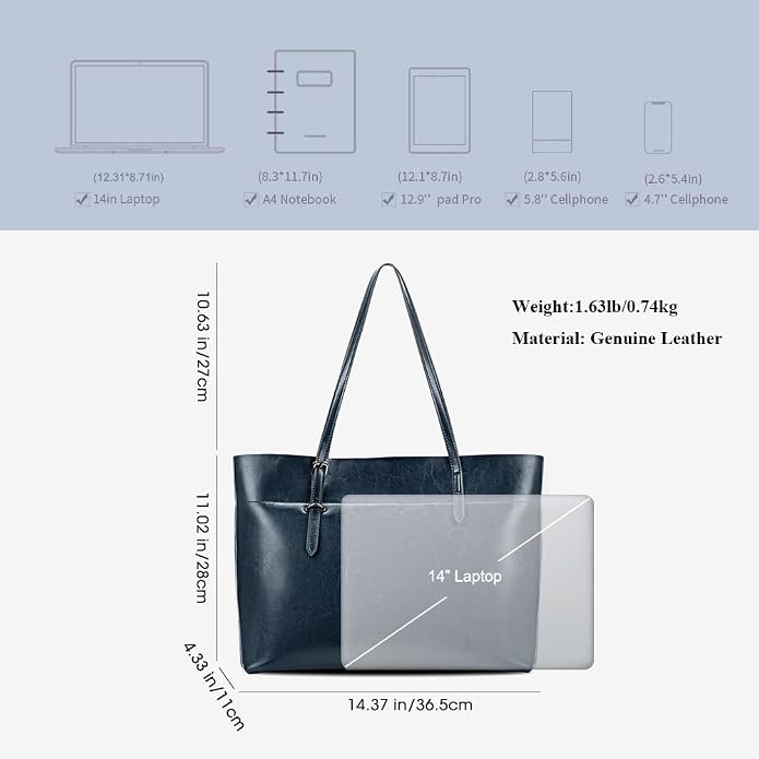 Kattee Vintage Genuine Leather Tote Shoulder Bag for Women | Genuine leather tote with adjustable straps, 7 pockets, and room for a 14-inch laptop, ideal for work and travel. - Image 3