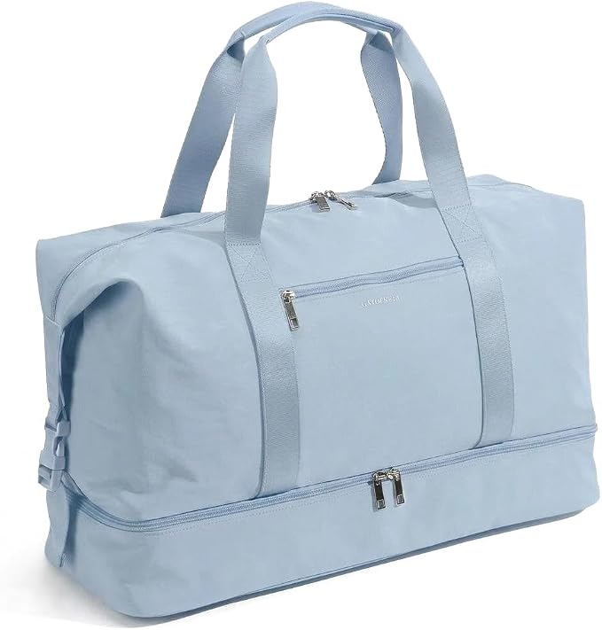 Oeihuivt Weekender Bags for Women, Light Blue, 21 Inch, 2-Piece Set | Large Travel Duffel Bag, Shoe Compartment, Heavy-Duty Canvas Leather, Carry On Overnight Tote by Oeihuivtweekenderbag