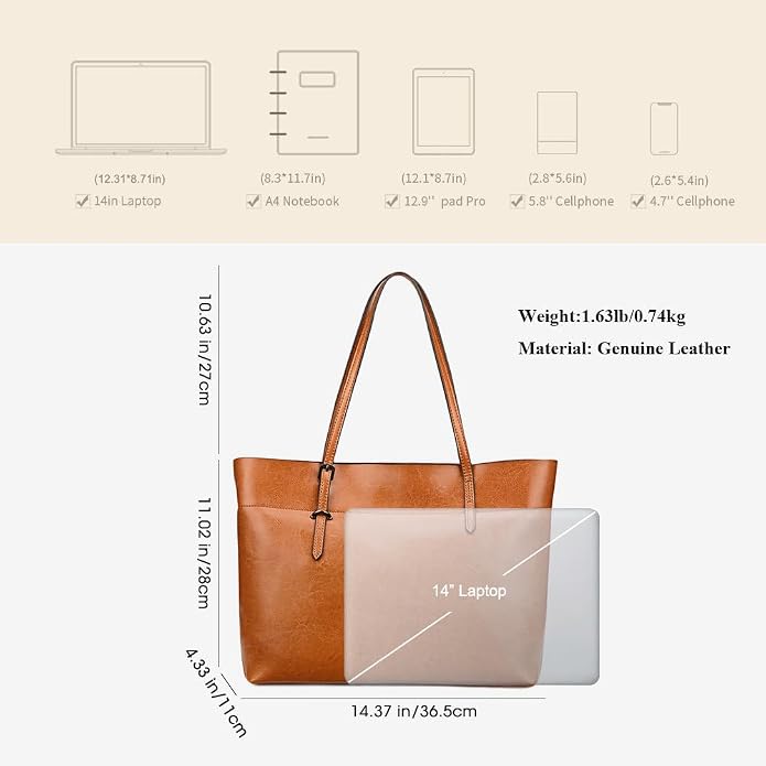 Kattee Vintage Genuine Leather Tote Shoulder Bag for Women | Genuine leather tote with adjustable straps, 7 pockets, and room for a 14-inch laptop, ideal for work and travel. - Image 3