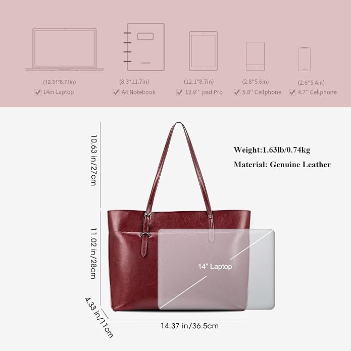 Kattee Vintage Genuine Leather Tote Shoulder Bag for Women | Genuine leather tote with adjustable straps, 7 pockets, and room for a 14-inch laptop, ideal for work and travel. - Image 4