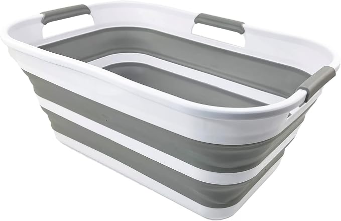 SAMMART 21L (5.5 Galloons) Collapsible Plastic Storge Basket - Foldable Pop Up Storage Container/Organizer - Portable Washing Tub - Space Saving Hamper/Basket (White/Grey) by SAMMART