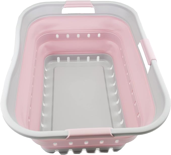 SAMMART 42L (11 gallon) Collapsible Plastic Laundry Basket - Foldable Pop Up Storage Container/Organizer - Portable Washing Tub - Space Saving Hamper/Basket (Grey/Pale Pink) by SAMMART