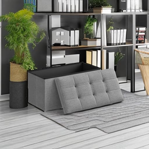 SONGMICS MAZIE Collection - 30 Inches Folding Storage Ottoman Bench, Ottoman Foot Rest, End of Bed Bench, Storage Chest, Load 660 lb, for Living Room, Bedroom, Entryway, Light Gray ULSF47G - Image 2