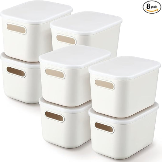 8 Pieces White Plastic Storage Bins with Lids, Stackable Storage baskets with Handle Containers Box for Shelves Drawers Desktop Playroom Classroom Office Organization(7.3 x 10.2 x 6.5 Inches) by Tuanse