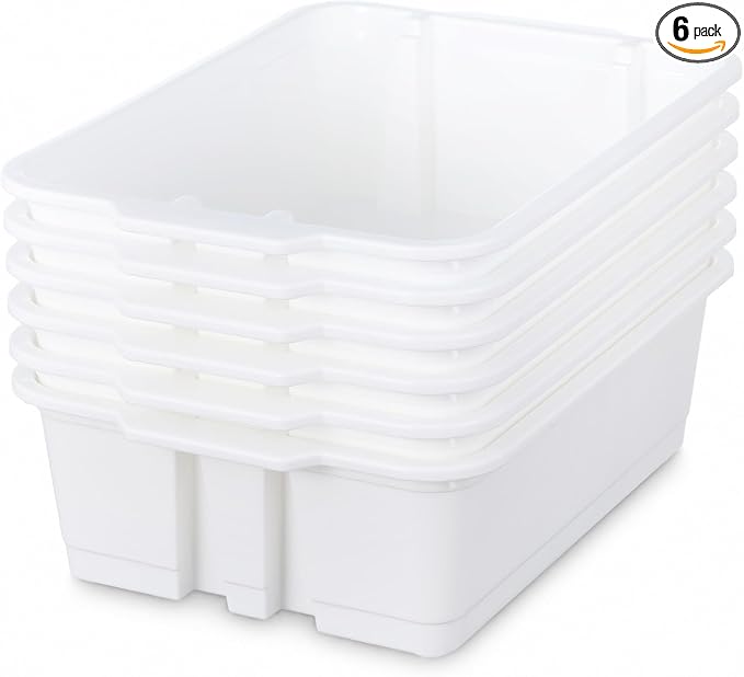6 Pack Plastic Book Bins Stackable Classroom Cubby Organizer, White | Scoop Front Storage Bins, Cubby Bins with Handles for School Library Office Home Nursery Playroom Organization by Yakydesign