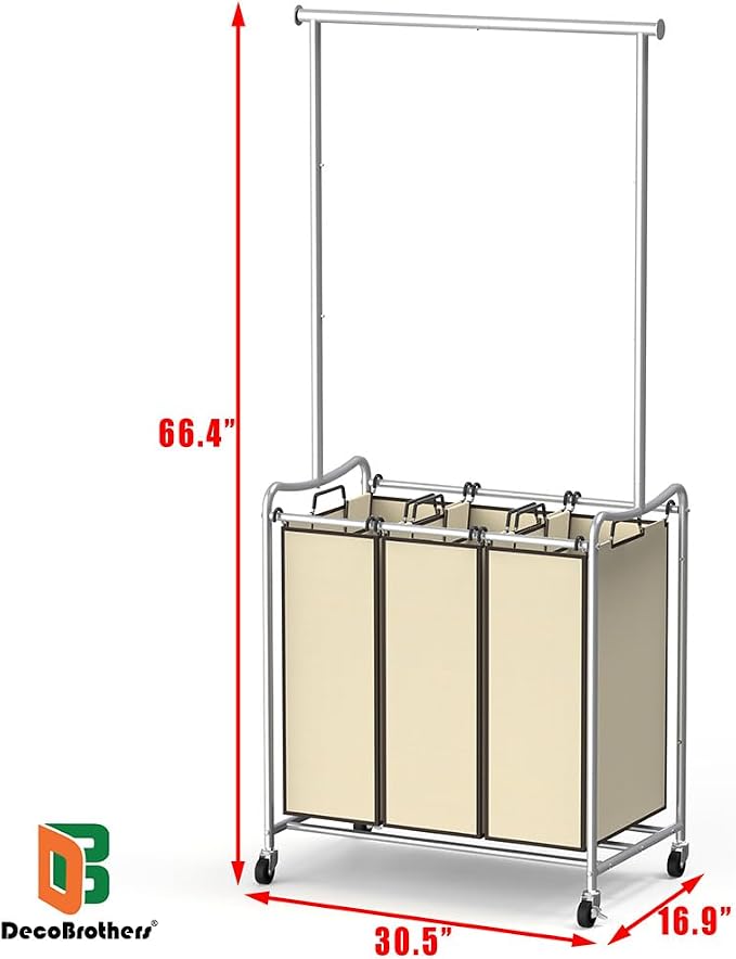 Deco Brothers Heavy Duty 3 Bags Laundry Sorter Cart with Hanging Bar, Beige | Extendable Hanging Rod - Image 2