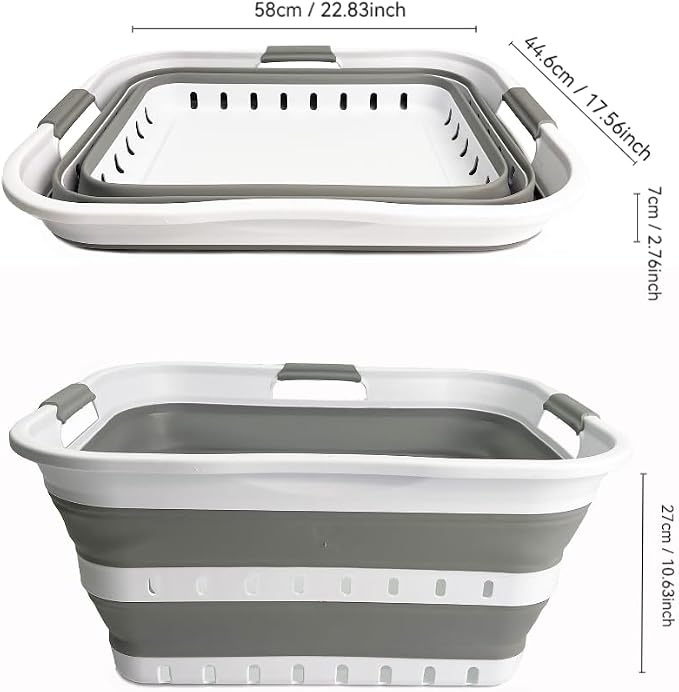 SAMMART 42L (11 gallons) Set of 2 Plastic Foldable Storage Basket/Container - Collapsible, Space Saving and Portable Laundry Hamper, Ideal for Home, Travel, Dorm, and Camping (2, White/Grey) - Image 4