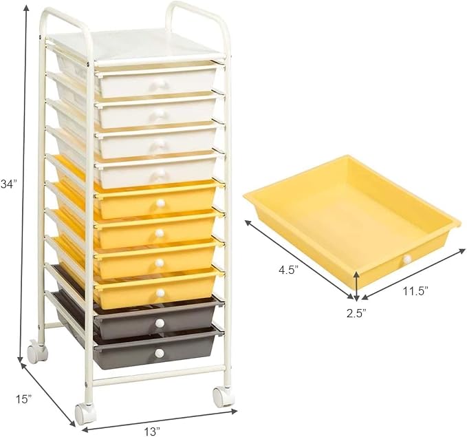 GOFLAME 10-Drawer Rolling Storage Drawer Cart, Utility Cart with Removable Drawers & Metal Frame, Mobile Art Craft Drawer Cart with Lockable Wheels for Home, Office, Studio, School, Yellow - Image 3